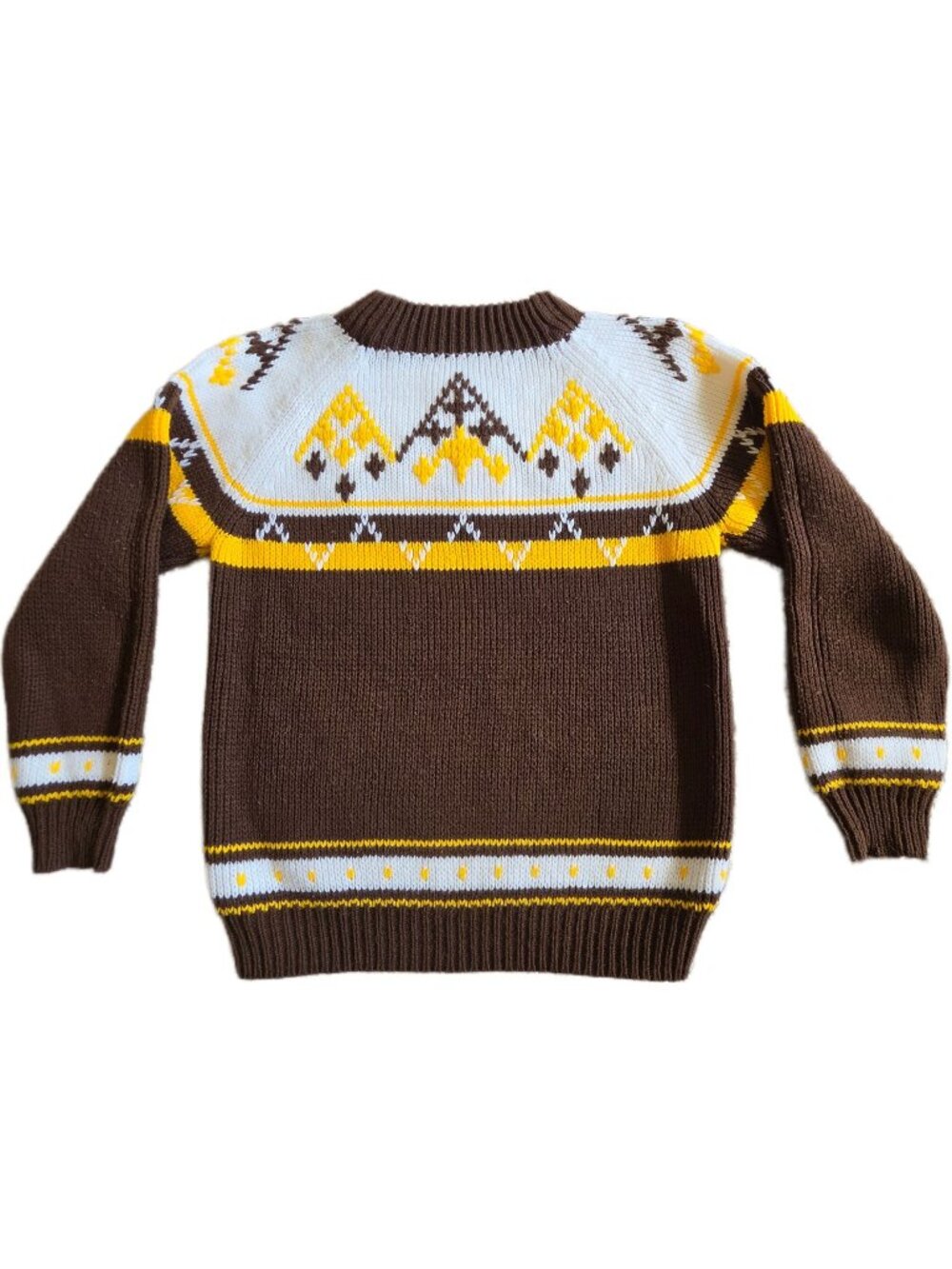 Vintage 70s JCPenney Kids L 6-7 Ski Sweater Brown Yellow Fair Isle Nordic Retro